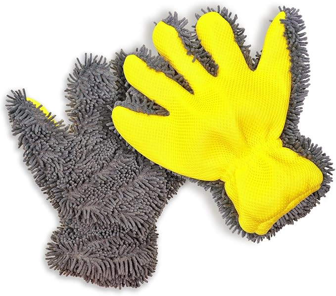 QMX Car Wash Mitt Microfiber Scratch Free,Premium Chenille Ultra-Soft Car Wash Gloves,Thickened Inside Coated Swirl-Free Finish 5-Finger Design Detailing for Cleaning Car Wash Brush,2-Pack Yellow