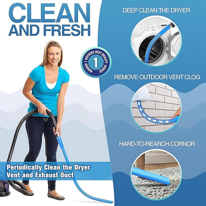 3 Pieces Dryer Vent Cleaner Kit: Vacuum Hose With Brush & Gloves Fits for Vacuums Cleaner, Refrigerator Condenser Coils, and Tight Spaces Behind Appliances, Deep Cleaning Tools for Clogged Ducts