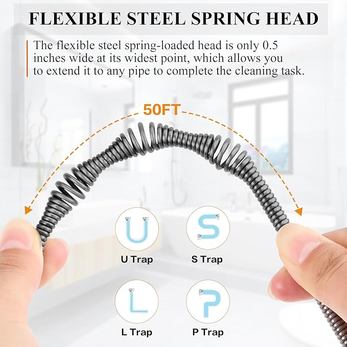 50 FT Plumbing Snake with Auto-Feed - Heavy Duty Drain Auger for Toilet/Sink/Shower/Bathtub Clogs, Drill-Compatible Sewer Snake Tool & Flexible Steel Cable - Snake Drain Hair Remover Tool