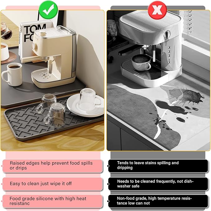 Silicone Coffee Maker Mat- Espresso coffee bar Mat accessories19"*12" - Convex Design, Leak-Proof and Non-Slip, Suitable for Use Under the Coffee Machine to Keep the Countertop Clea（Grey）