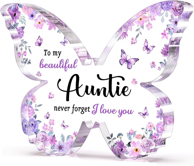 Auntie Gifts for Mothers Day Aunt, Unique Purple Butterfly Acrylic Plaque Desk Decor, Aunt Auntie Mothers Day Christmas Birthday Gifts, 5 x 3.8 x 0.5 inches