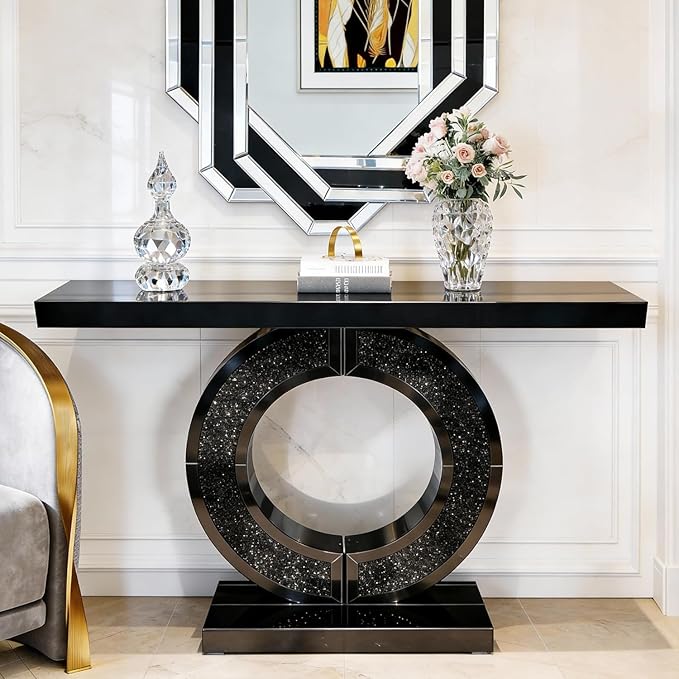 SSLine Black Mirrored Console Table for Living Room 43" Modern Mirror Entryway Table with Crystal O-Shape Base Luxury Blakc Glass Sofa Console Tables for Entryway Hallway