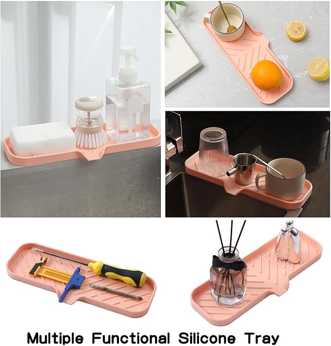 MicoYang Silicone Soap Dish with Drain Spout — Self-Draining Double Sink Organizer Tray for Kitchen & Bathroom, Dispensers, Sponges & Soap Holder, Non-Slip & Dishwasher Safe, Pink (Large, 12"×4")