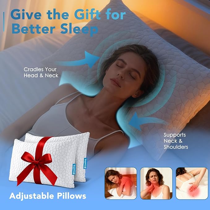 QUTOOL Cooling Pillow for Sleeping 2 Pack,Luxury Shredded Memory Foam Bed Standard Pillows Set of 2,Cool Pillow for Hot Sleepers Adjustable Firm Pillow for Side,Back,Stomach Sleepers Soft Yet Support
