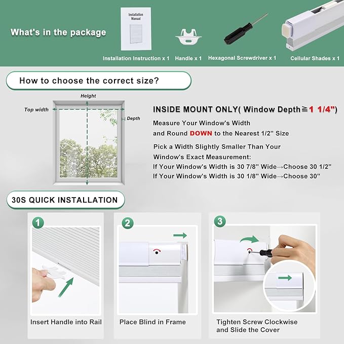 Tonature No Drill Cellular Shades for Indoor Windows, Thermal Insulating & Noise Reducing Honeycomb Blinds, Free Stop Cordless Blackout Shades, White,30.5" W x 80" H