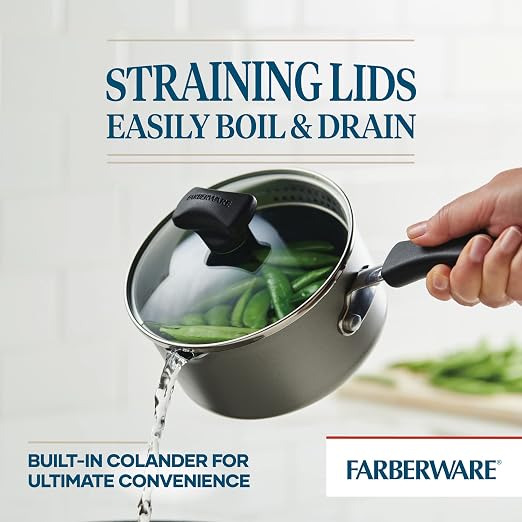 Farberware Cookstart Aluminum DiamondMax Nonstick Straining Saucepan, Kitchen Cookware, 1-Quart, Silver