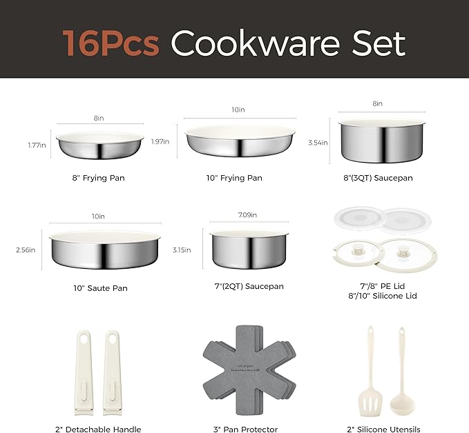 16pcs Nonstick Cookware Set, Diamond-Titanium Ceramic Coating & 3 Layer Stainless Steel Pots and Pans Set with Detachable Handle, Dishwasher Safe, Induction Compatible, Oven Safe, White