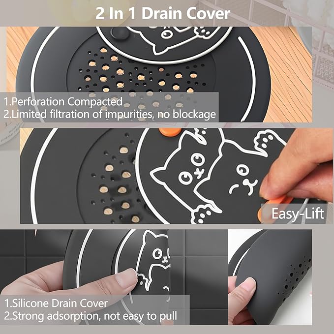 2-in-1 Shower Drain Hair Catcher & Bathtub Drain Cover, Odor-Proof Silicone Hair Stopper for Bathroom, Tub, Sink, Kitchen, Laundry - Prevents Clogs and Unpleasant Smells (1, Grey)