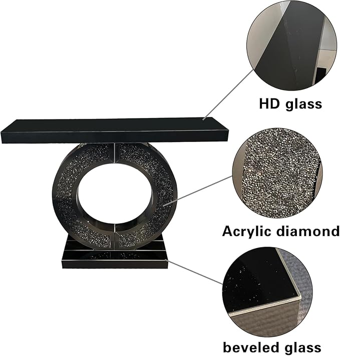 SSLine Black Mirrored Console Table for Living Room 43" Modern Mirror Entryway Table with Crystal O-Shape Base Luxury Blakc Glass Sofa Console Tables for Entryway Hallway