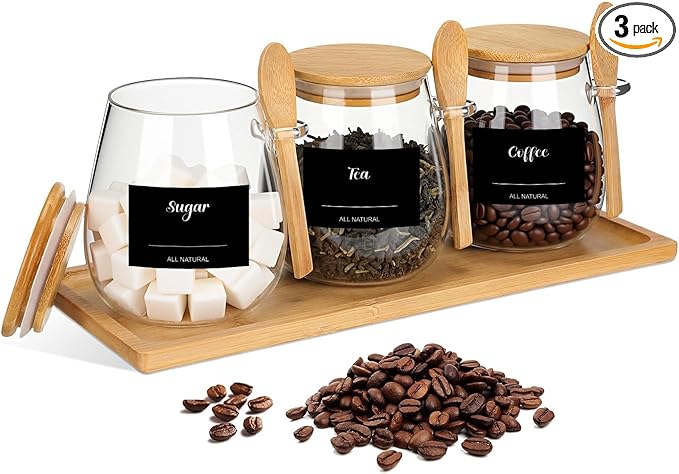 Suclain 3 Pcs Glass Coffee Container with Wooden Lid Spoon Tray Shelf Labels Clear Airtight Glass Jar Storage Container Set for Coffee Beans Tea Leaves Grains Dried Fruits Sugar Spice(28oz)