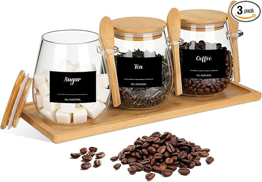 Suclain 3 Pcs Glass Coffee Container with Wooden Lid Spoon Tray Shelf Labels Clear Airtight Glass Jar Storage Container Set for Coffee Beans Tea Leaves Grains Dried Fruits Sugar Spice(28oz)
