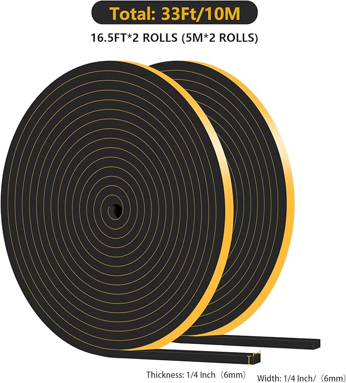 Weather Stripping Door Seal,Weather Stripping,Soundproof,Cold Insulation,High Density CR Foam Insulation Tape for Door, Front Door Frame, Windows,Sliding Door (Black, 1/4 in x 1/4 in x 33 Ft)