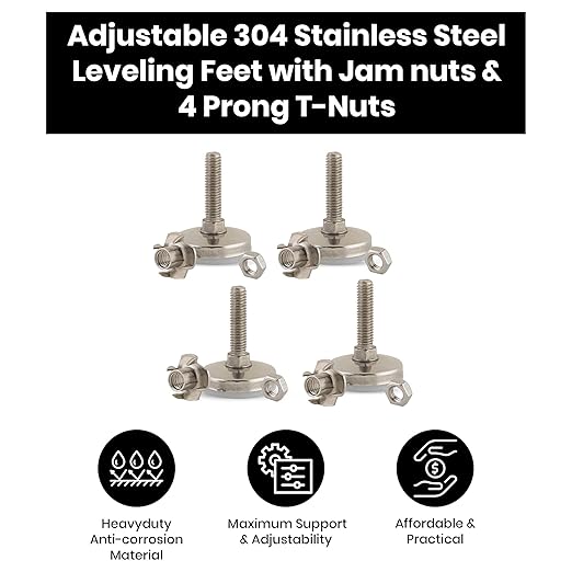 Stainless Steel Outdoor Leveler Kit- (4) 3/8-16 Leg Levelers for Cabinets, Patio Furniture, and Table Legs - Adjustable Height Leveling Feet with Jam Nuts to Stabilize Feet (Kit with 4 Prong T-Nuts)