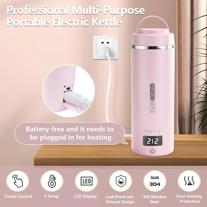 Portable Travel Electric Kettle with Plug-in Boiling & Keeps Warm via USB, 4 Temperature Settings, 304 Stainless Steel with Auto Shut-off, 16oz, Pink