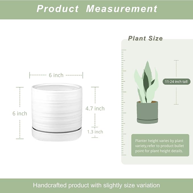 HERDUK 6 Inch Plant Pots, Ceramic Planter Pot with Drainage Hole & Saucer, Indoor/Outdoor Cylinder Round Planter Pot, Matte White
