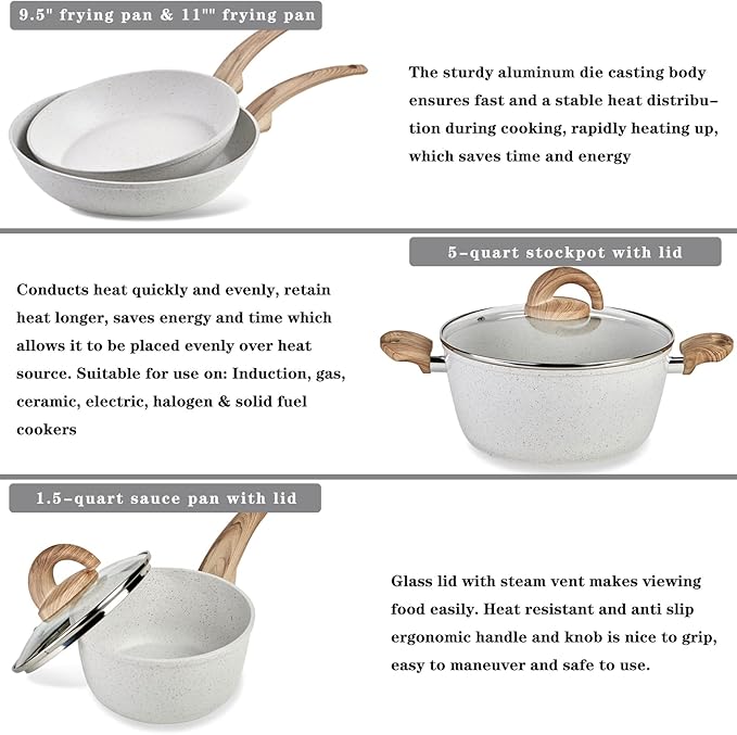 Vkoocy Pink Pots and Pans Set Non Stick, Ceramic Cookware Set with Granite Pattern Kitchen Cooking Sets Induction Pot and Pan w/Frying Pans, Saucepans, Casserole, Non-Toxic, PTFE/PFOA/PFOS-Free
