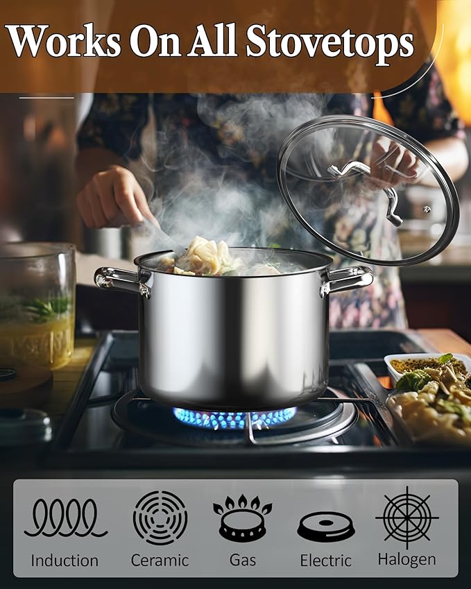 Cook N Home 7-Piece Tri-Ply Clad Stainless Steel Cookware Set, Pots and Pans Kitchen Set with Tempered Glass Lids, Induction-Ready, Dishwasher-Safe, Silver