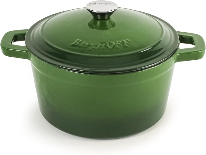 BergHOFF Neo 4Pc Enameled Cast Iron Cookware Set, Grill Pan 11 inches, Fry Pan 10 inches, 3qt. Dutch Oven, Matching Lid, Fast, Evenly Heat, Oven Safe (Green)