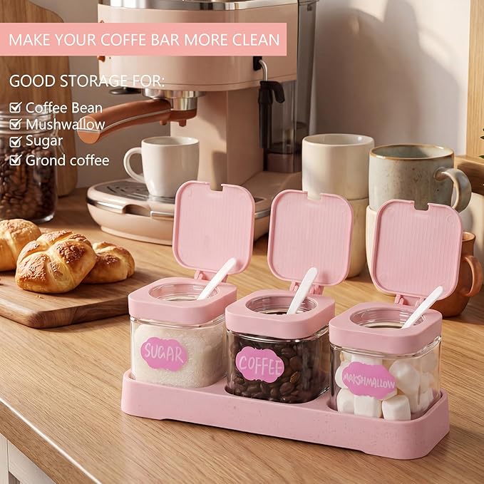 Suclain 3 Pcs Glass Coffee Containers Coffee Station Organizer Set, Airtight Bean Storage Jars with Shelf,labels,spoon, Base and Pen,for Sugar, Candy, Oats, Nuts (Pink)