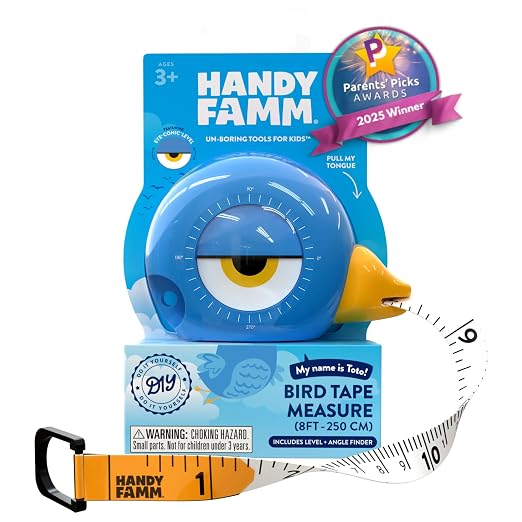 Handy Famm Kids Tape Measure – 8ft Blue Bird Retractable Measuring Tape with Level & Protractor, STEM Montessori Tool, Toddler Safe, Gift for Boys & Girls Ages 3+