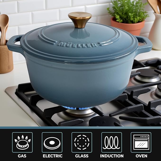 MUELLER HOME 7.5 Quart Enameled Cast Iron Pot Dutch Oven, Heavy-Duty, Oven-Safe up to 500° F & Across All Cooktops, Bread Pan with Lid & Knob, Cast Iron Cookware, Blue Kitchen Accessories,Mineral Blue | Oven-Safe up to 500° F