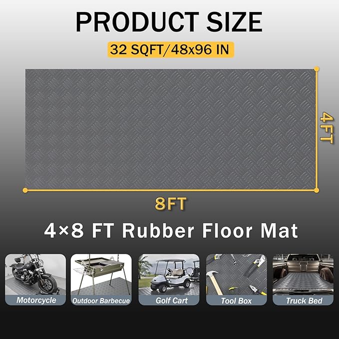 StellarStar 4x8 FT Garage Floor Mat, 2mm Thickened Ribbed PVC Diamond Plate Garage Mat with 20PCS Tapes, Rubber Flooring Rolls for Under Car, Rubber Motorcycle Mat for Golf Cart, Trailer, Gray