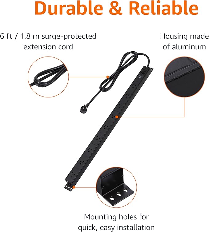 Amazon Basics Surge Protector Power Strip, 9-Outlet, Heavy Duty, Metal, 600 Joules, 6ft Extension Cord, Mountable, Wide Spaced, Black