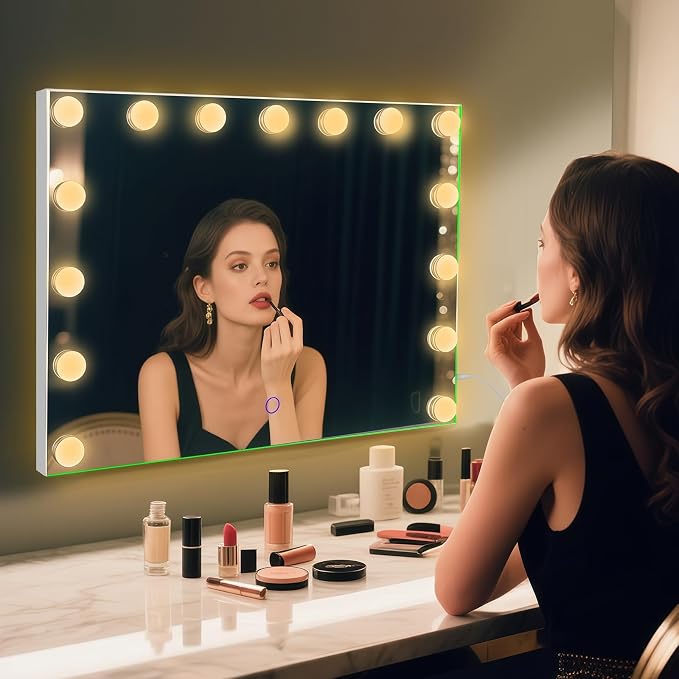 Hollywood Vanity Mirror with Lights, 23"x18" Lighted Makeup Mirror with 10x Magnification for Desk/Wall Mount, 15 Led Bulbs, 3 Lighting Modes for College Dorm, Bedroom, Dressing Room