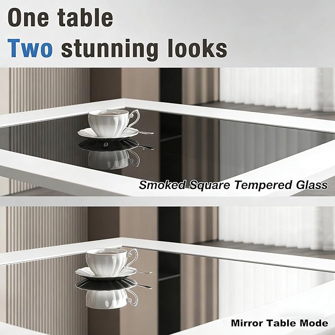 FKWin Modern Coffee Table for Living Room - 31" Endless Depth Mirror Center Table with LED Lights, Unique Square Coffee Table with Tempered Glass-Top, White