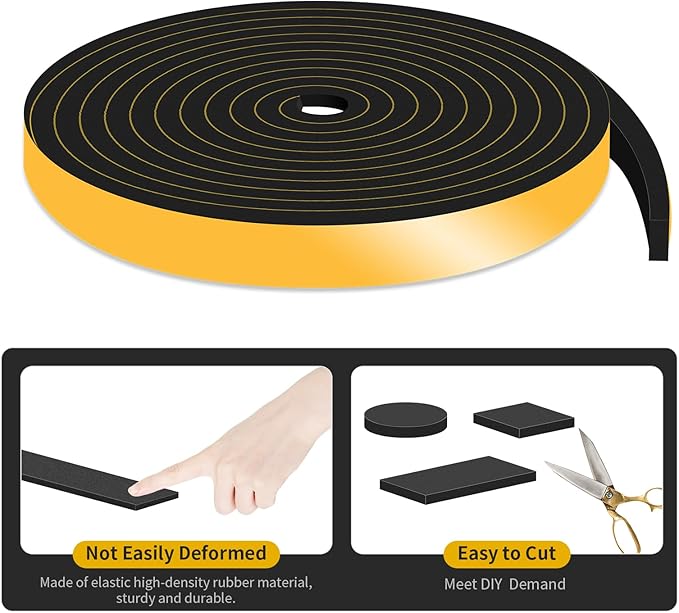 Weather Stripping Door Seal,Weather Stripping,Soundproof,Cold Insulation,High Density CR Foam Insulation Tape for Door, Front Door Frame, Windows,Sliding Door (Black, 1/2 in x 1/4 in x 13Ft)