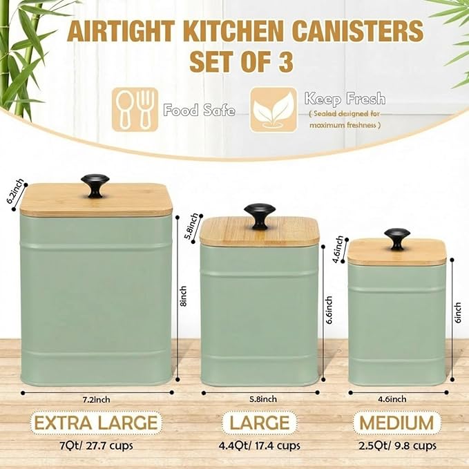 Tioncy Kitchen Canisters for Countertop Set of 3 Metal Canisters Sets with Bamboo Lids Spoon Airtight High Capacity Coffee Tea Sugar Flour Jars with DIY Labels Farmhouse Food Storage (Green,Xl,L,M)
