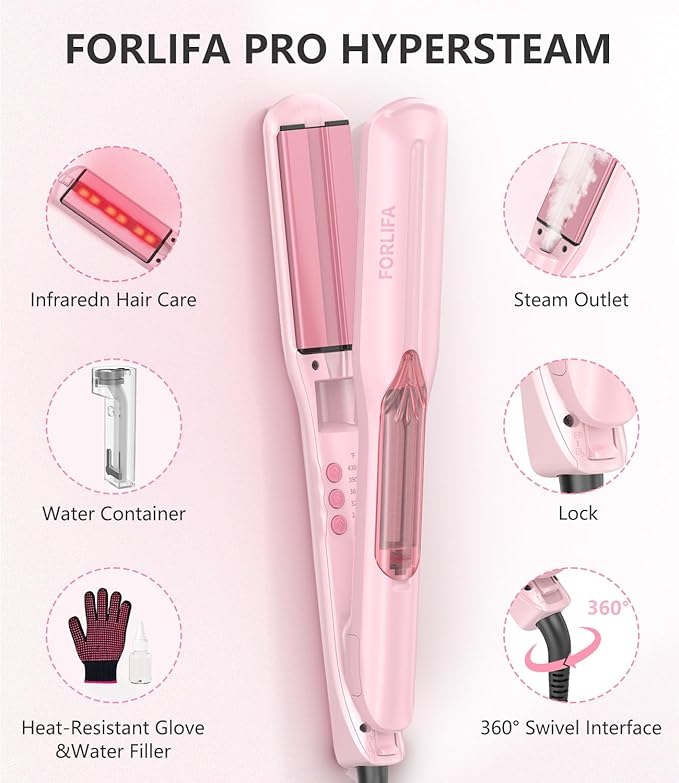 Steam Hair Straightener, 4-in-1 Steam Infared Straightener and Curler for Women, 1.5-inch Steam Flat Iron Hair Straightener for Long Thick Hair, Nourish & Smooth, Reduce Damage, Dual Voltage