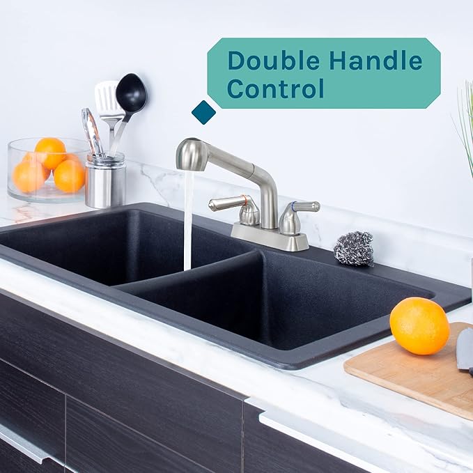JS Jackson Supplies Dual Handle Pull Out Faucet, Stainless Steel Finish, 4 Inch Center Set, Universal Utility Sink or Laundry Tub ABS Plastic Faucet with Spray Setting