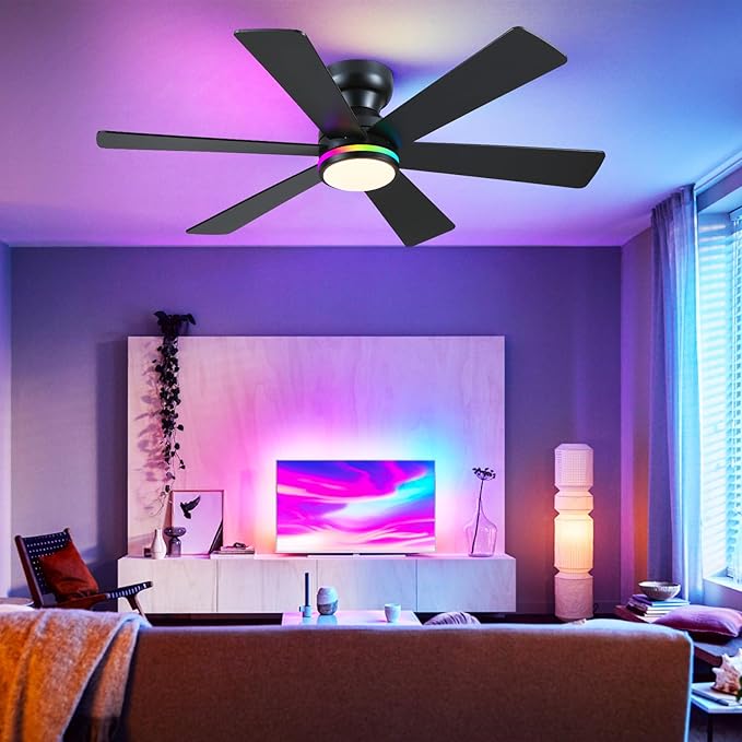 Asyko 46" Black RGB Ceiling Fans with Lights and Remote,Low Profile Ceiling Fans with Quiet Reversible DC Motor,Small Modern Flush Mount Ceiling Fan Light for Bedroom Kids Room