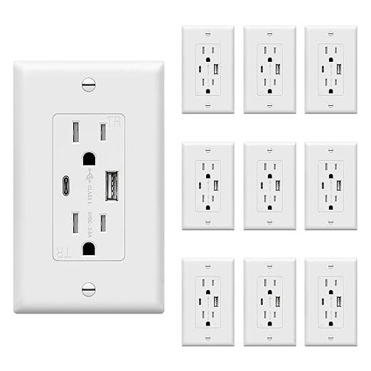 TOPGREENER USB Outlet, Type C Wall Outlet, 15 Amp TR Receptacle Plug, Charging Power Outlet with USB Ports, Electrical USB Socket, Wall Plate Included, TU21536AC-W-10PCS, White, 10 Pack