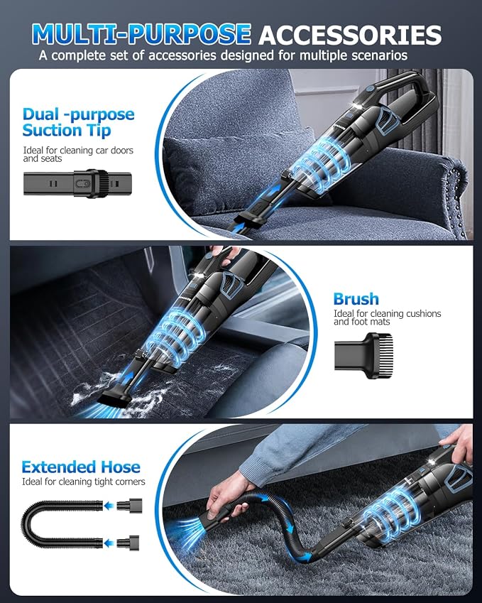 BQYPOWER Handheld Vacuum Cordless Rechargeable, Portable Car Vacuum Cleaner | 16000PA Strong Suction Hand Held Vacuum Cordless with Multiple Accessories, Portable Mini Car Vacuum Cleaner for Car Home