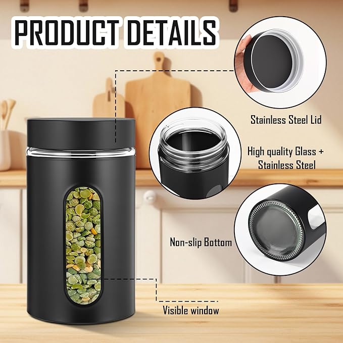 Patelai 6 Pack Kitchen Canisters Set Airtight Stainless Steel Canister Food Storage Container with Window Glass, Coffee Sugar Candy Jars Tea Organizer for Flour Cookies Spice (Black,32 oz)
