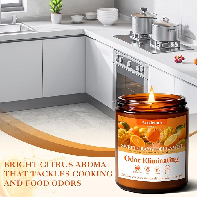 Sweet Orange Bergamot Odor Eliminating Candles | Eliminates 95% of Pet, Smoke, Food, and Other Smells Quickly | 7oz Soy Candle for Home Scented | Air Freshening Scented Candle for Positive & Relax