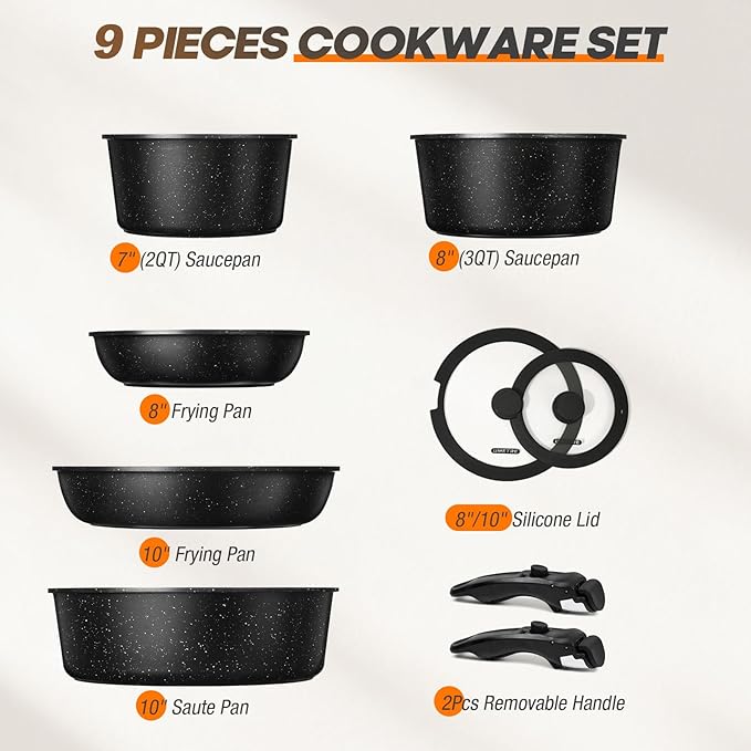pots and Pans Set, Nonstick Cookware Set Detachable Handle, Induction Kitchen Cookware Sets with Removable Handle, Non Stick RV Cookware Set, Dishwasher ＆ Oven Safe (9 PCS)