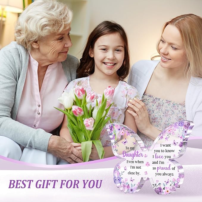 Mothers Day Gift for Daughter from Mom Dad, Unique Purple Butterfly Acrylic Plaque Desk Decor, Mothers Day Valentines Christmas Birthday Graduation Gifts for Daughter Adult, 5 x 3.8 x 0.5 inches