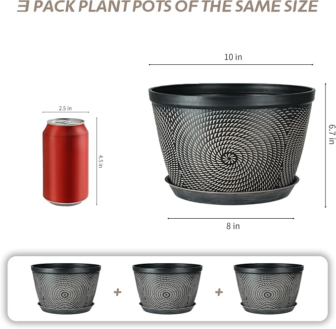 Quarut 10 Inch Flower Pots,3 Pack Planters for Outdoor Indoor | Plastic Plant Pots with Drainage Hole & Tray, Modern Decorative Garden Pot with Saucer, planters for House (Drak Bown)