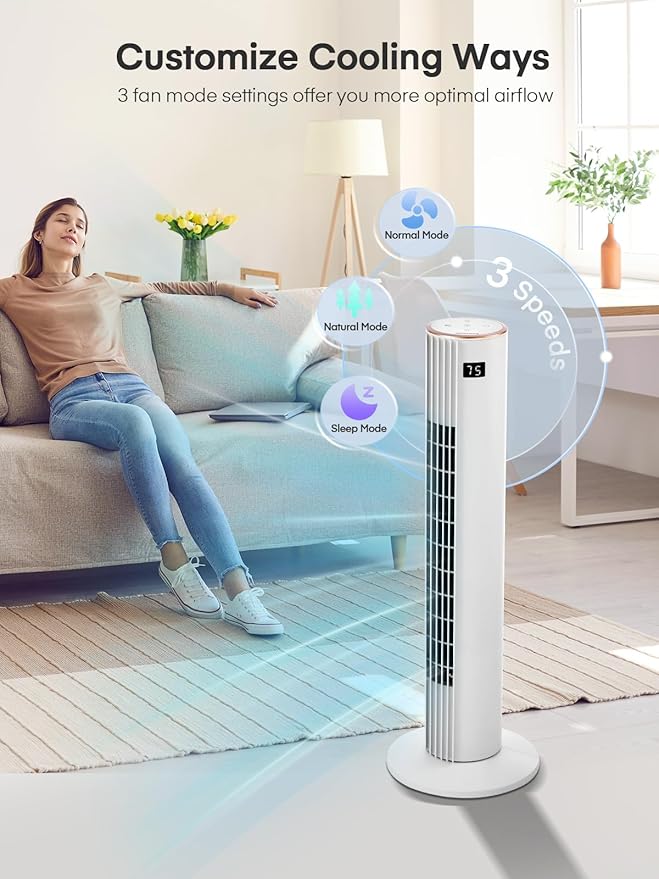 Tower Fan for Bedroom, Quiet Oscillating Floor Fans with 70°, Remote Control, 3 Modes, 3 Speeds, 12H Timer, 30" Bladeless Standing Fan for Home, Office, Living Room, White