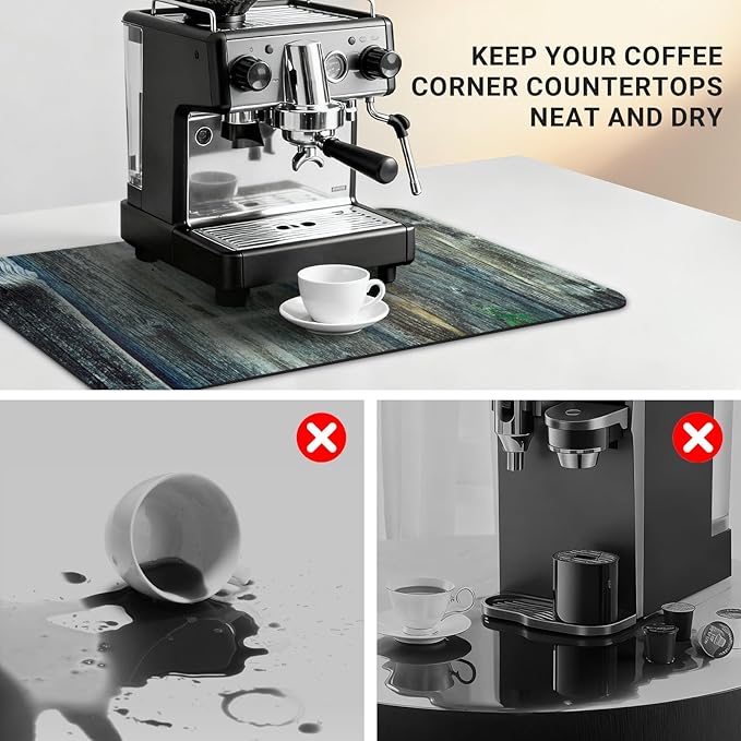 Coffee Mat 24x16 Inch, Wood Grain Coffee Protection Mat, Absorbent Hide Stain Rubber Backed Dish Drying Mat for Kitchen Counter, Bar Mat for Countertops, Under Coffee Maker Machine Pot Espresso Staion