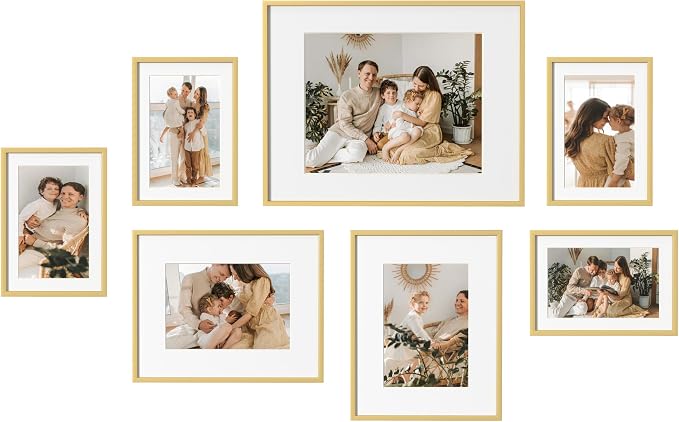 eletecpro Aluminum Gallery Wall Frame Set of 7 with Glass Cover, Gold | Including 1Pc 11x14, 2Pcs 8x10, 4Pcs 5x7 Photo Frames, Multiple Sizes Picture Frames Collage Wall Decor or Tabletop Display