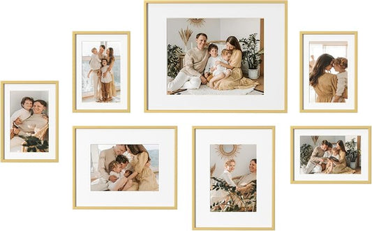 eletecpro Aluminum Gallery Wall Frame Set of 7 with Glass Cover, Gold | Including 1Pc 11x14, 2Pcs 8x10, 4Pcs 5x7 Photo Frames, Multiple Sizes Picture Frames Collage Wall Decor or Tabletop Display