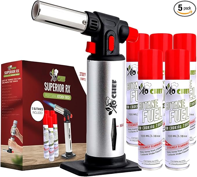 Jo Chef Kitchen Torch with Butane Included – Refillable Lighter with Safety Lock & Adjustable Flame, Blow Culinary Torch for Cooking, BBQ, Creme Brulee, DIY and Soldering - 5 Cans (3.38oz) Included
