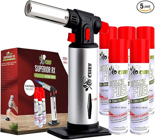 Jo Chef Kitchen Torch with Butane Included – Refillable Lighter with Safety Lock & Adjustable Flame, Blow Culinary Torch for Cooking, BBQ, Creme Brulee, DIY and Soldering - 5 Cans (3.38oz) Included