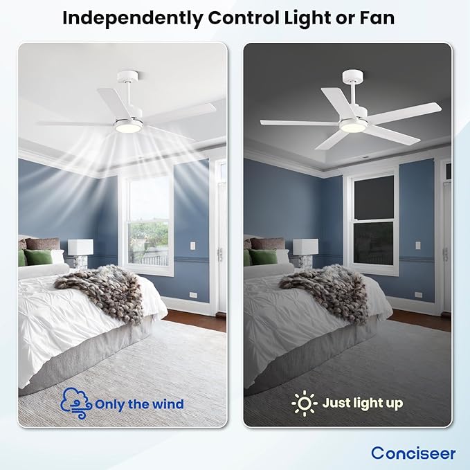 Conciseer Modern Ceiling Fans with Lights,52 Inch Ceiling Fans with Remote for Bedroom Living Room Kitchen, 18W 6CCT Dimmable，5 Blades 6 Speed Reversible Quiet DC Motor White
