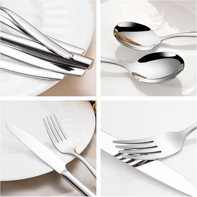 60-Piece Silverware Set for 12, 18/10 Stainless Steel Flatware Set, Silverware Korean Round Spoons Forks and Knives Set, Dishwasher Safe, Modern & Minimalist