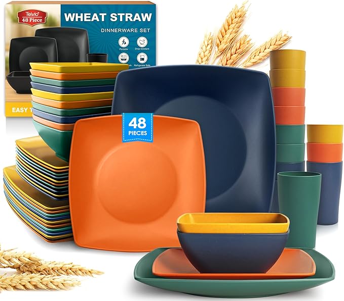 Teivio 48-piece Kitchen Plastic Wheat Straw Square Dinnerware Set for 12, Unbreakable Dinner Plates, Salad Plates, Snack Bowls, Cup 13.5 oz, Dishwasher Safe Dinning RV Essentials, Autumn Multicolor